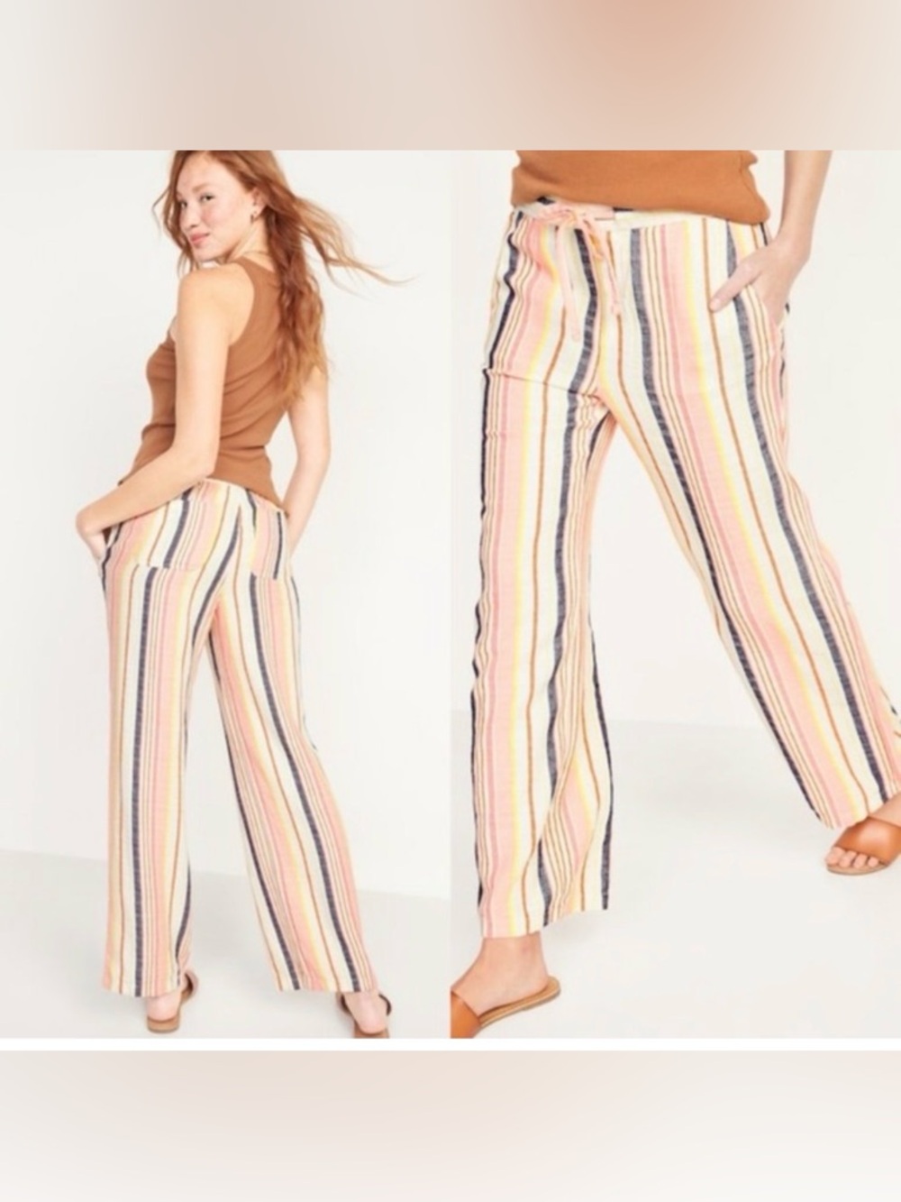 Old Navy Striped Wide-Leg Linen Blend Pants in Multi Pastel Size Medium